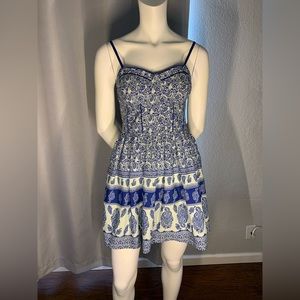 Sheer navy and cream pattern spaghetti strap short dress